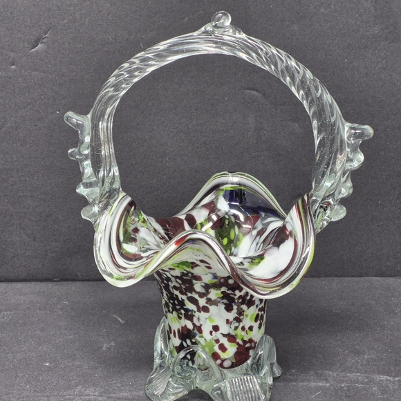 Multi Color Art Glass Basket With Applied Clear Glass Feet And Handle - Picture 2 of 6